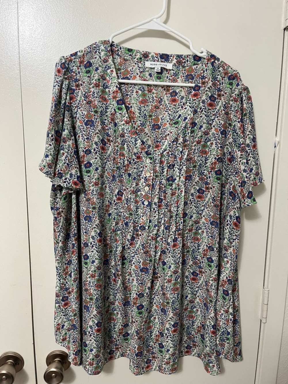 Rose & Olive Floral V-Neck Blouse in White, Blue, Green, Orange